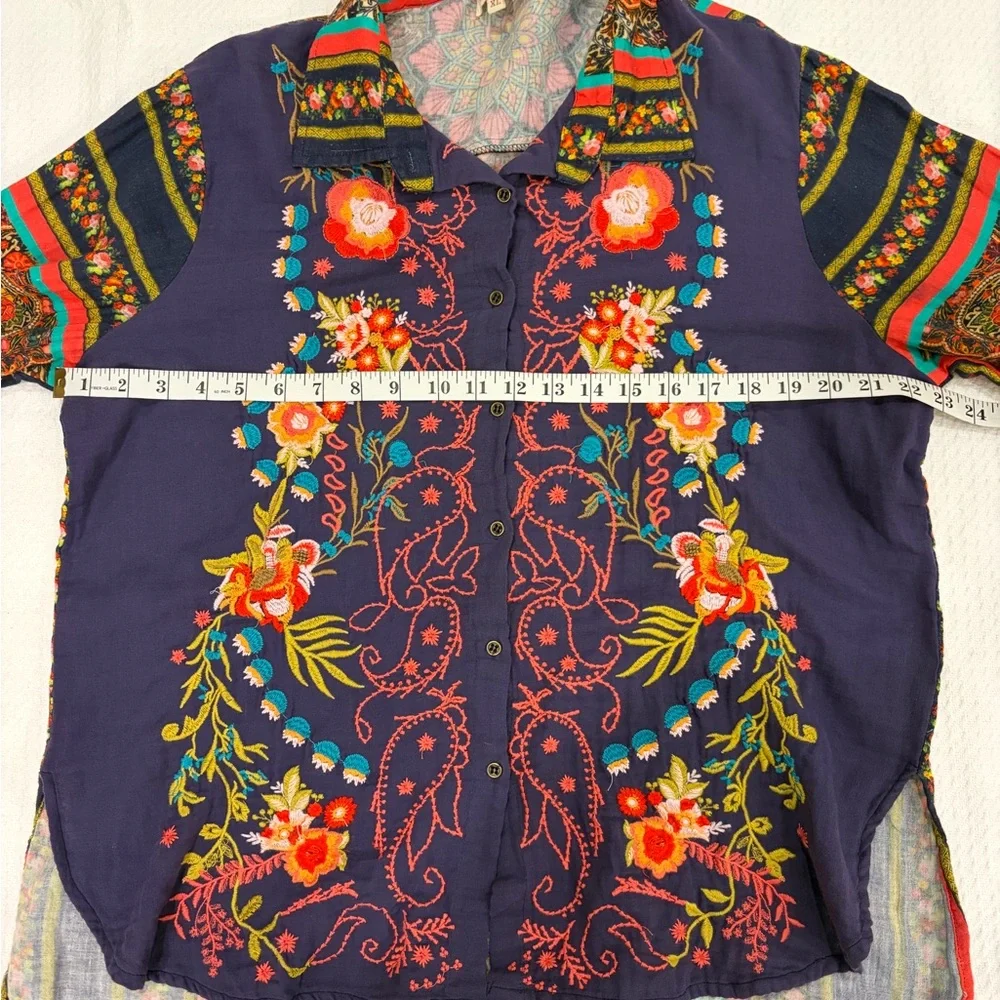 All About Her Embroidered Mosaic Button-Up Shirt 100% Cotton (XL) Hippie Gypsy - Picture 9 of 17